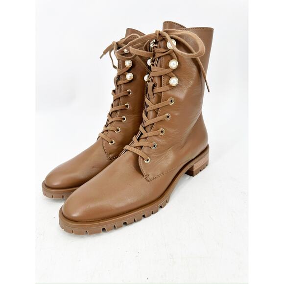 Stuart Weitzman Laine Boot Tan Combat Lace Up Pearl Button 7.5 - Picture 1 of 8